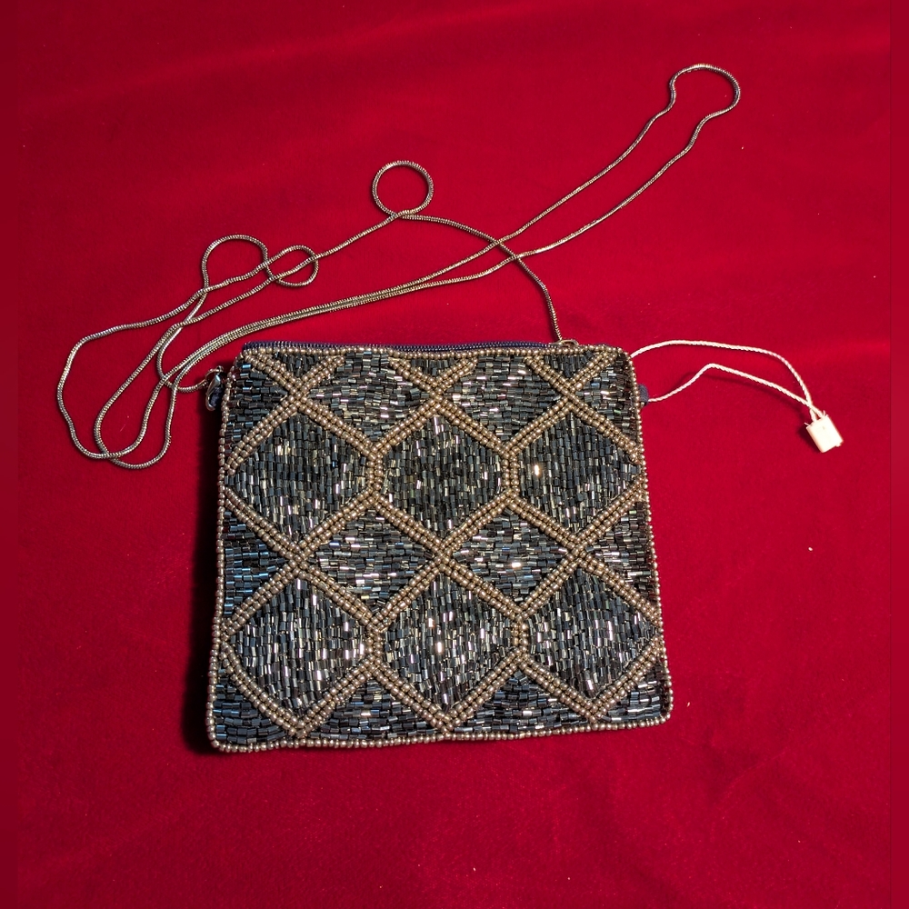 NWE David Jeffery Beaded Shoulder Small Evening Purse Silver Chain